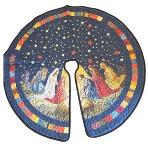 Nativity Scene Starry Night Quilted Christmas Tree Skirt Religious Holiday Decor